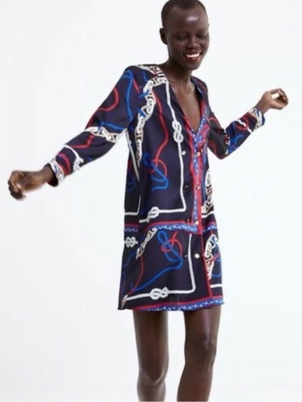 Zara V-Neck Long Sleeve Navy Chain-Print Shirt Dress